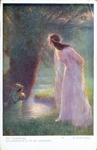 El Príncipe Rana le da a la Princesa la bola dorada que encontró en el estanque. (Principios del siglo XX) de Ernst Payer
