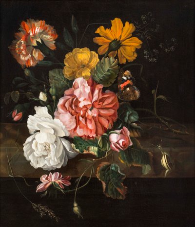 Rosas con una mariposa, un moscardón y un caracol en un borde de piedra de Ernst Stuven