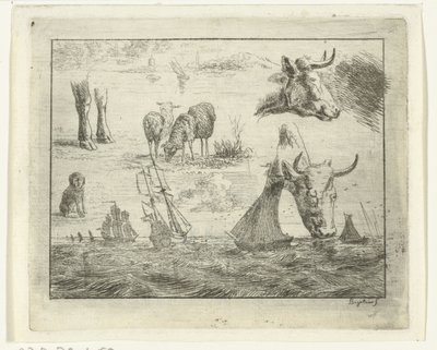 Ficha de estudio con una marina, dos cabezas de vaca, una oveja, un perro y dos piernas de Ernst Willem Jan Bagelaar
