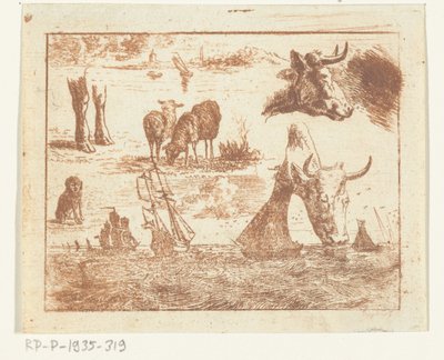 Ficha de estudio con una marina, dos cabezas de vaca, una oveja, un perro y dos piernas de Ernst Willem Jan Bagelaar