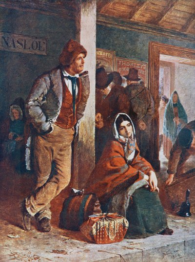 Emigrantes irlandeses en la estación de Ballinasloe camino de Galway (Irlanda) para embarcar hacia América en el siglo XIX, según el cuadro de Erskine Nicol. de Erskine Nicol