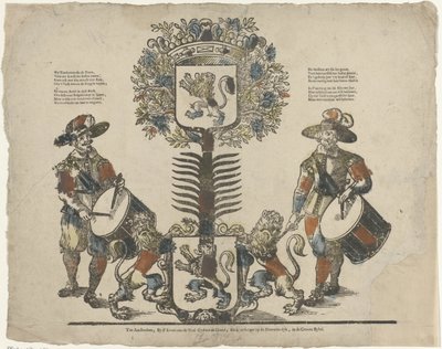 Árbol con dos escudos, a cada lado un tamborilero de Erven Weduwe Gijsbert de Groot