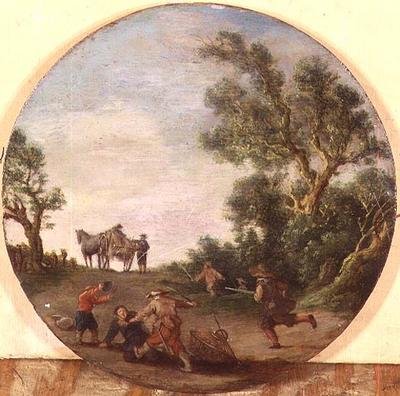 Bandidos atacando a un viajero en un sendero junto a un bosque de Esaias II van de Velde