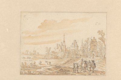 Paisaje con un grupo de personas y un castillo de Esaias van de Velde (possibly)