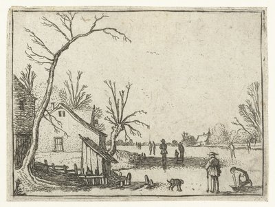 Granja junto al río helado y patinadores sobre el hielo Pequeños paisajes (título de serie) de Esaias van de Velde