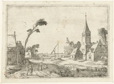 Vista del pueblo con granjas, iglesia y pozo Paisajes paisajísticos (título de la serie) de Esaias van de Velde