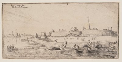 Pescadores en barcas de remos ante una ciudad amurallada, de Paisajes de Esaias van de Velde