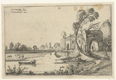 Paisaje con un río y una puerta de entrada. Paisajes (título de la serie) de Esaias van de Velde
