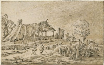 Carretera con un rebaño de ovejas y jinetes en medio de una tormenta de Esaias van de Velde