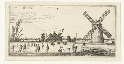 Patinadores sobre el hielo en un molino cerca de Penningsveer Paisajes (título de la serie) de Esaias van de Velde