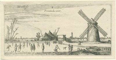 Patinadores sobre el hielo en un molino cerca de Penningsveer Paisajes (título de la serie) de Esaias van de Velde