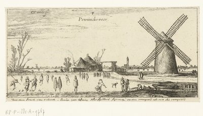 Patinadores sobre el hielo en un molino cerca de Penningsveer Paisajes (título de la serie) de Esaias van de Velde