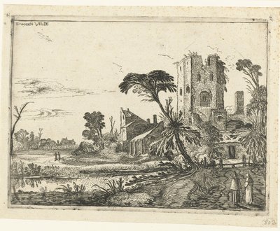 Dos monjes en un camino más allá de una torre en ruinas Paisajes paisajísticos (título de la serie) de Esaias van de Velde