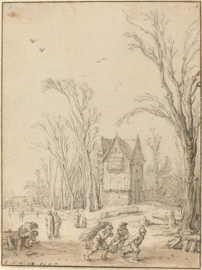 Aldeanos patinando en un estanque congelado de Esaias van de Velde