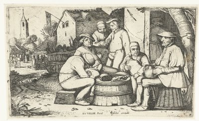 Seis campesinos sentados alrededor de un barril en una posada de Esaias van de Velde