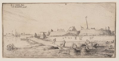 Pescadores en barcas de remos ante una ciudad amurallada, de Paisajes de Esaias van den Velde I