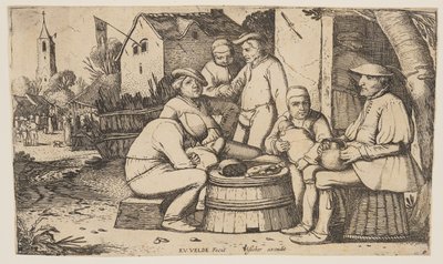 Seis campesinos utilizando una culata de barril como mesa de Esaias van den Velde I