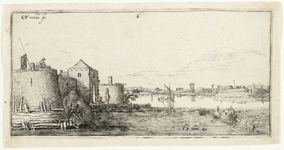 Diez paisajes: Ciudad amurallada a la izquierda de un río de Esaias van den Velde I