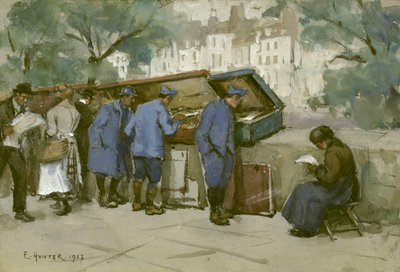 Soldados franceses y bouquinistes a lo largo del Sena, 1917 de Ethel Hunter