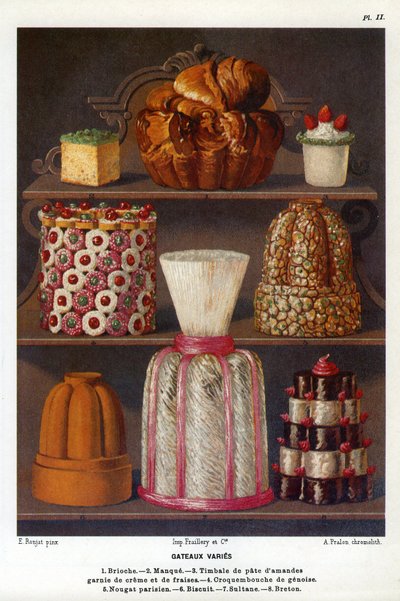 Variedad de pasteles: brioche, falta, timbal de pasta de almendra cubierto con crema y fresas, croquenbouche de genoise, nougat parisino, bizcocho, sultana, bretón - Placa No. 2 del Libro de Pastelería de Jules Gouffe, oficial de boca del Jockey-Club de Pa de Etienne (after) Ronjat