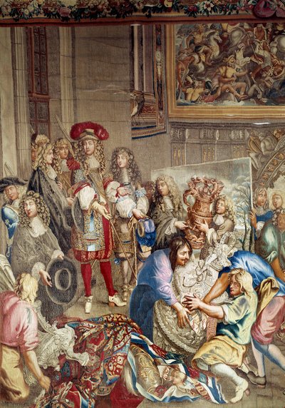 Visita de Luis XIV a la Manufactura de los Gobelinos en presencia de Jean Baptiste (Jean-Baptiste) Colbert (1619-1683) (de perfil, a la derecha del rey) y del pintor Charles Lebrun (Le Brun) (1619-1690), 15 de octubre de Etienne (studio of) Le Blond