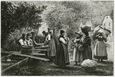 Una lavandería en Metzeral, mujeres con trajes tradicionales del valle se reúnen en la fuente del pueblo. Grabado de E. Ronjat, para ilustrar la historia “Atravers l