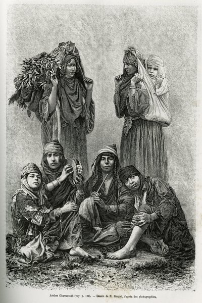 Árabes Ghawarineh, nómadas de la cuenca del Mar Muerto. Ilustración de la historia de Siria hoy, por M. Lortet, decano de la Facultad de Medicina de Lyon, encargado de una misión científica por el Ministerio de Educación Pública, publicado en Le tour du mo de Etienne Antoine Eugene Ronjat