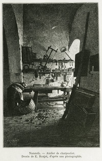 Taller de carpintería en Nazaret. Grabado por E. Ronjat, ilustración de la historia La Siria de hoy, por M. Lortet, decano de la Facultad de Medicina de Lyon, encargado de una misión científica por el Ministerio de Educación Pública, publicado en el Tour d de Etienne Antoine Eugene Ronjat