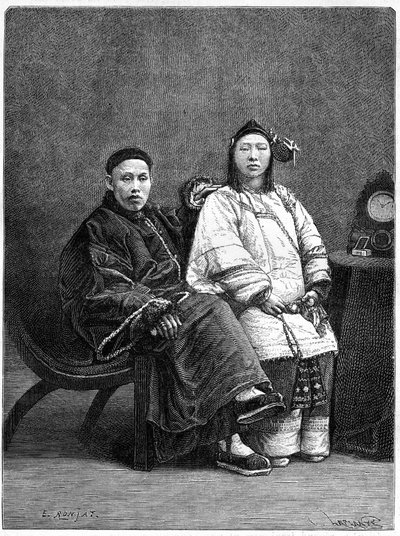 Pareja de notables chinos de San Francisco (Estados Unidos) en el siglo XIX. Grabado después de un dibujo de Ronjat, después de una fotografía, en 