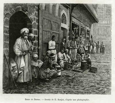 Bazar de Damasco. Grabado de E.Ronjat, para ilustrar la historia La Siria de hoy, por M. Lortet, decano de la Facultad de Medicina de Lyon, encargado de una misión por el Ministerio de Educación Pública, publicado en el Tour du monde, bajo la dirección de de Etienne Antoine Eugene Ronjat