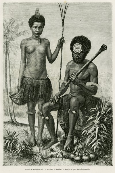 Pareja fijiana. Grabado por E. Ronjat para ilustrar la historia Paseos en Oceanía, por Aylic Marin, en Le tour du monde 1887, dirigido por Edouard Charton (1807-1890), Hachette, París de Etienne Antoine Eugene Ronjat