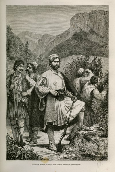 Bandidos y pastores griegos, cómplices en las montañas, dibujo de E.Ronjat, para ilustrar la historia de Henri Belle: Viaje a Grecia de Etienne Antoine Eugene Ronjat