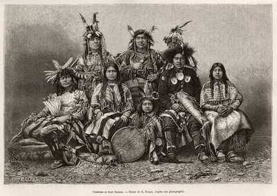 Guerreros indios y sus esposas (Texas). Grabado según el dibujo de E.Ronjat, para ilustrar la historia La conquista blanca, de William Hepworth Dixon, en 1875, publicado en Le tour du monde, 1876, editado por Edouard Charton, edición Hachette, París de Etienne Antoine Eugene Ronjat