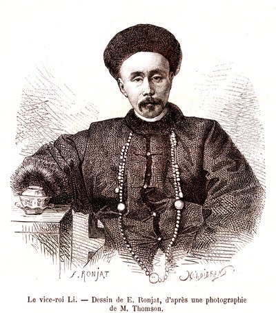 Li Hongzang, virrey de Zhili, en la Corte imperial de China. 1873 (grabado) de Etienne Antoine Eugene Ronjat