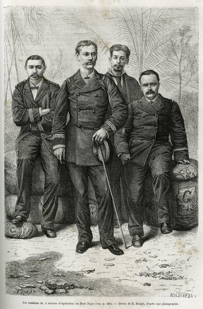 Miembros de la misión de exploración: (de izquierda a derecha:) Sr. Pietri, teniente de artillería, a cargo de la conducción del convoy, Comandante Gallieni, autor de la historia, Dr. Tautain, médico naval, reclutas por su conocimiento de etnografía e hist de Etienne Antoine Eugene Ronjat