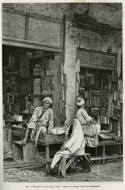 Comerciantes de perlas en Jaffa (Israel). Ilustración de La Siria de hoy, por M. Lortet, decano de la Facultad de Medicina de Lyon, encargado de una misión científica por el Ministerio de Educación Pública, publicado en Le tour du monde de Etienne Antoine Eugene Ronjat