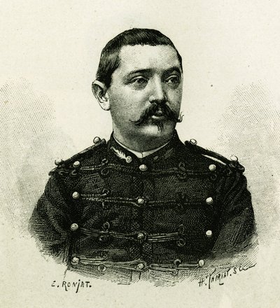 Retrato del Capitán Pietri, de la artillería naval, durante la expedición a África 1879-1882, bajo el mando de Gallieni. Grabado por E. Ronjat, para ilustrar la historia “Exploración del Alto Níger” (actual Mali) por el Comandante Gallieni de Etienne Antoine Eugene Ronjat
