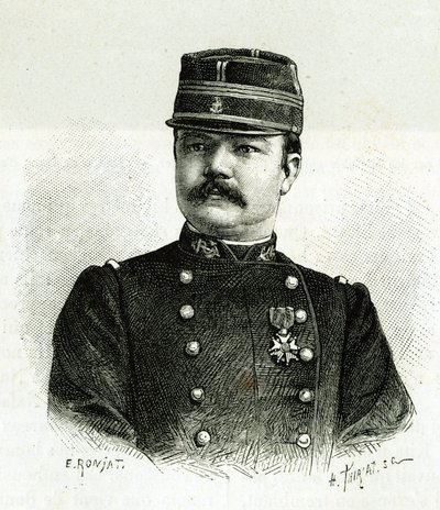 Retrato del Capitán Valliere, de la infantería naval, durante la expedición a África bajo el mando de Gallieni. Grabado de E.Ronjat, según una fotografía, para ilustrar la historia “Exploración del Alto Níger (Alto Níger)” (actual Mali) por el Comandante de Etienne Antoine Eugene Ronjat