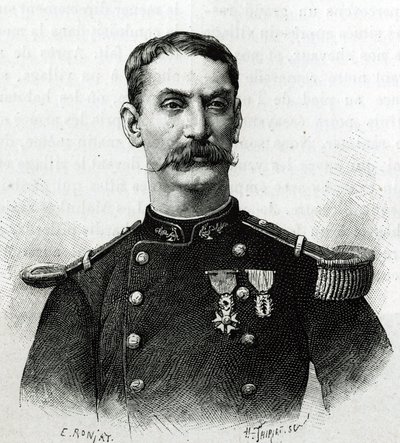 Retrato del Comandante Joseph Gallieni, durante la expedición en África (1879-1882). Grabado por E. Ronjat después de una fotografía, ilustración de la historia “Exploración del Alto Níger (Alto Níger)” (actual Malí) por el Comandante Joseph Gallieni (1849 de Etienne Antoine Eugene Ronjat