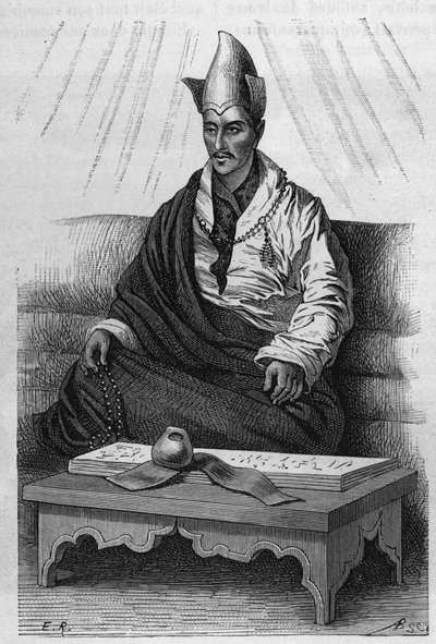 Retrato de Khutukcha, un alto sacerdote del Tíbet en los años 1870-1880. Grabado después de un dibujo de Ronjat, en “Le Tour du Monde, Nouveau journal des Voyages”, editado por Edouard Charton, París de Etienne Antoine Eugene Ronjat