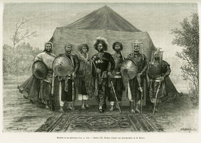 Retrato del Príncipe Menelik II de Etiopía (1844-1913), rodeado por sus generales. Grabado por Ronjat, para ilustrar la historia Voyage au Choa (Abyssinie méridionale) de Etienne Antoine Eugene Ronjat