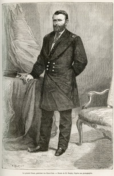 Retrato de Ulysses Grant (1822-1885), general estadounidense, líder de las tropas de la Unión durante la Guerra de Secesión y 18º Presidente de los Estados Unidos por dos mandatos desde 1869 hasta 1877. Grabado después del dibujo de E.Ronjat, para ilustrar de Etienne Antoine Eugene Ronjat