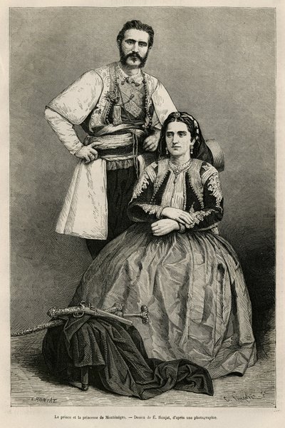 Retratos del Príncipe de Montenegro Nicolás I Petrovicz Niegosch (1841-1921) y su esposa, Milena, nacida Voukovich (1847-1923), dibujo de E.Ronjat, para ilustrar el viaje a Montenegro, en 1874, por Charles Yriarte (1832-1898). Grabado en Le tour du de Etienne Antoine Eugene Ronjat