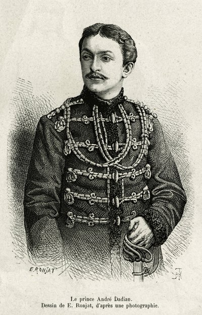 Príncipe André Dadian de Mingrelia (1850-1910), general del ejército ruso y campeón de ajedrez. Grabado por E. Ronjat, ilustración de la historia Un tour en Mingrelia (región de Georgia, extendiéndose entre el Cáucaso y el Rion), por Carla Serena, en 1876- de Etienne Antoine Eugene Ronjat