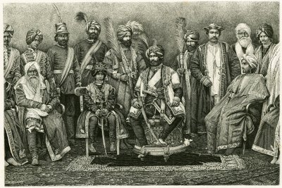 El maharajá de Cachemira, Rambhir Sing y su corte. Grabado por E. Ronjat, para ilustrar la historia "Retrato de una mujer parisina en el Himalaya Occidental", en 1881, por Marie de Ujfalvy-Bourdon. Publicado en Le Tour du monde, 2º semestre de Etienne Antoine Eugene Ronjat