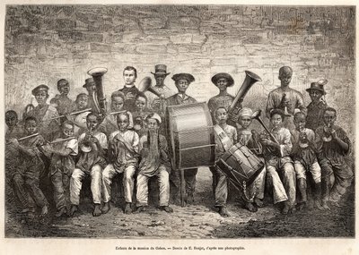 La banda de los niños de la misión de Gabón. Grabado según el dibujo de E.Ronjat, para ilustrar el crucero en la costa de África, por el Vicealmirante Fleuriot de Langle, en 1868, publicado en “Le tour du monde” 1876, editado por Edouard Charton, edición H de Etienne Antoine Eugene Ronjat