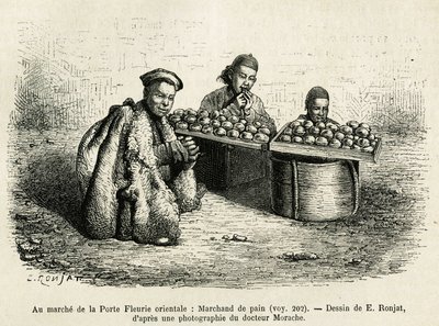 El comerciante de pan, al pie de la Puerta de la Flor Oriental del Palacio Imperial en Pekín, una escena actual de la vida cotidiana. Grabado según el dibujo de E.Ronjat, para ilustrar el viaje a Pekín y el norte de China, por T.Choutze, en 1873, publicado de Etienne Antoine Eugene Ronjat