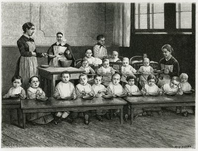 La comida de los niños en la guardería. Grabado por E. Ronjat, para ilustrar la historia 
