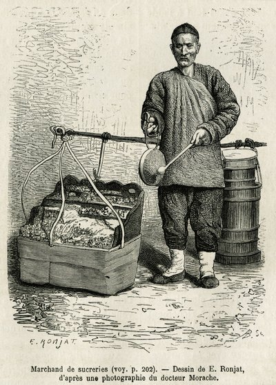 El comerciante de azúcar golpeando un tambor plano para llamar la atención sobre sus albaricoques secos, manzanas confitadas y caramelos de caramelo, caminando por la Puerta de la Flor Oriental del Palacio Imperial en Pekín. Grabado después del dibujo de E de Etienne Antoine Eugene Ronjat