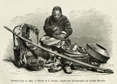 El zapatero ambulante repara las botas pero también los arneses de los coches de los altos funcionarios del palacio, al pie de la Puerta de la Flor Oriental del Palacio Imperial en Pekín. Grabado según el dibujo de E.Ronjat, para ilustrar el viaje a P de Etienne Antoine Eugene Ronjat
